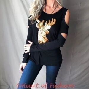 Holiday Cold Shoulder Cutout Long Sleeve Sequin Deer Graphic Top